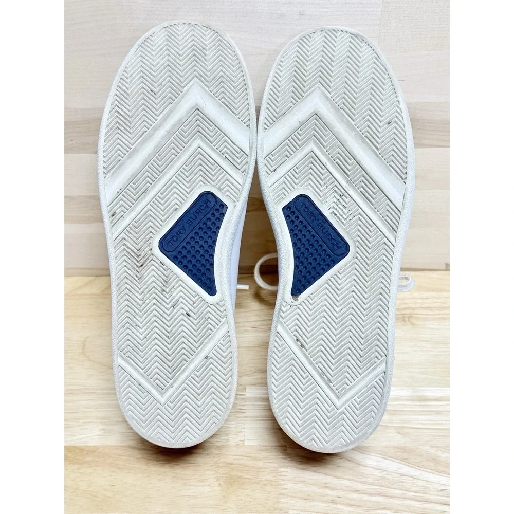 Tory Burch Howell Court Sneakers Womens 8 White Leather Navy Gold Logo 73057